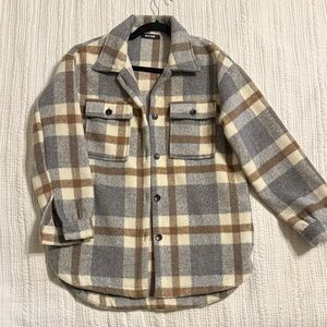 Stylish Plaid Button Down Shacket - Gray, Brown, Cream